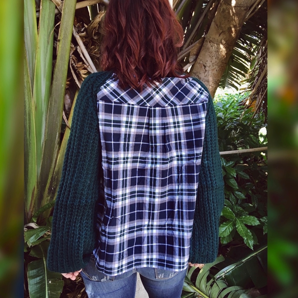 Chunky Knit Sweater with Plaid Back